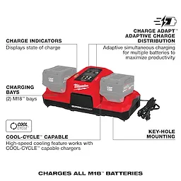 M18 Dual Bay Simultaneous Super Charger with two charging bays, charge indicators, adaptive charge distribution, and COOL-CYCLE cooling.