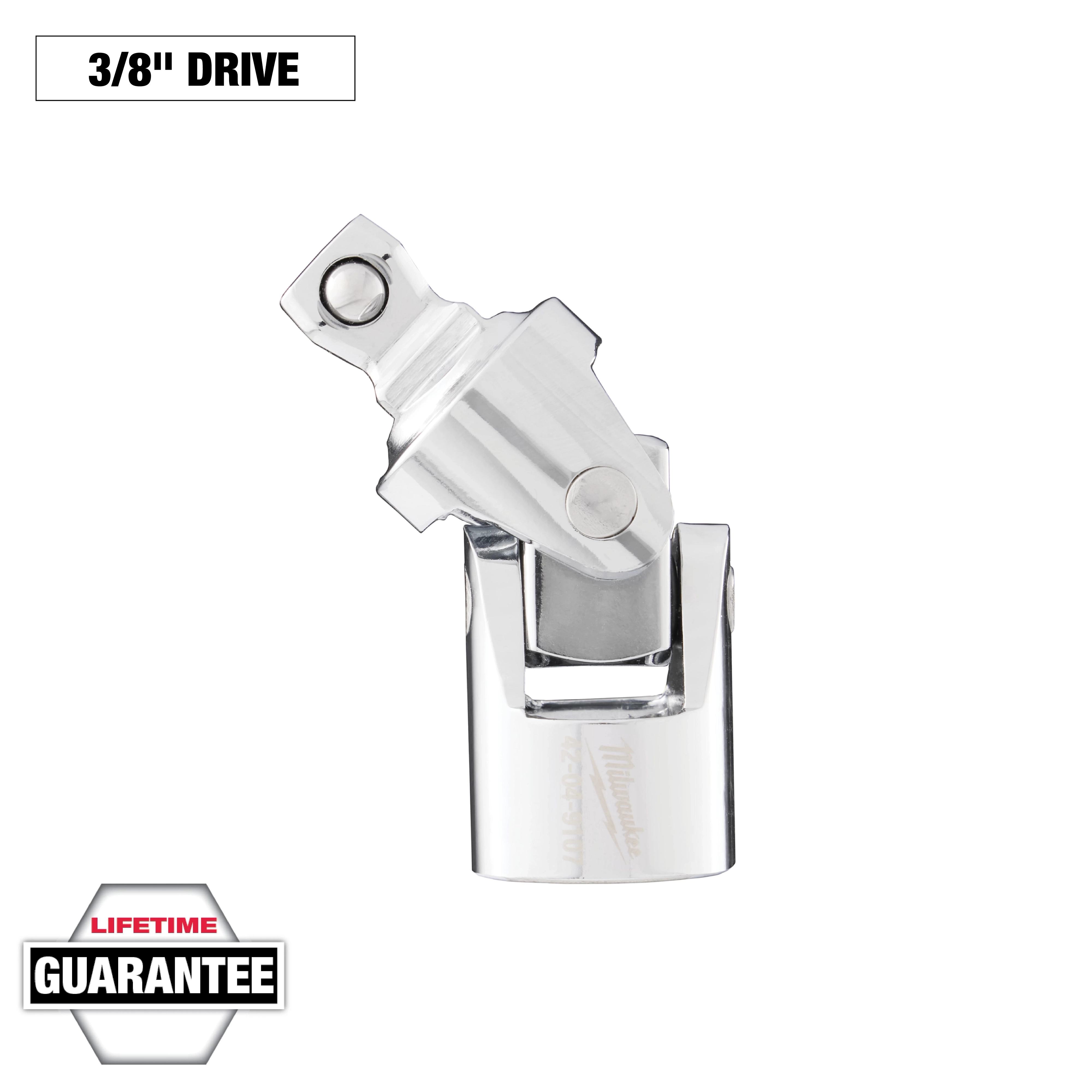 The image features a 3/8" Drive Universal Joint in shiny, metallic silver. It consists of a rotating joint for flexible use with tools. The packaging ensures a lifetime guarantee, indicated by a badge in the bottom left corner.