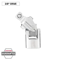 The image features a 3/8" Drive Universal Joint in shiny, metallic silver. It consists of a rotating joint for flexible use with tools. The packaging ensures a lifetime guarantee, indicated by a badge in the bottom left corner.