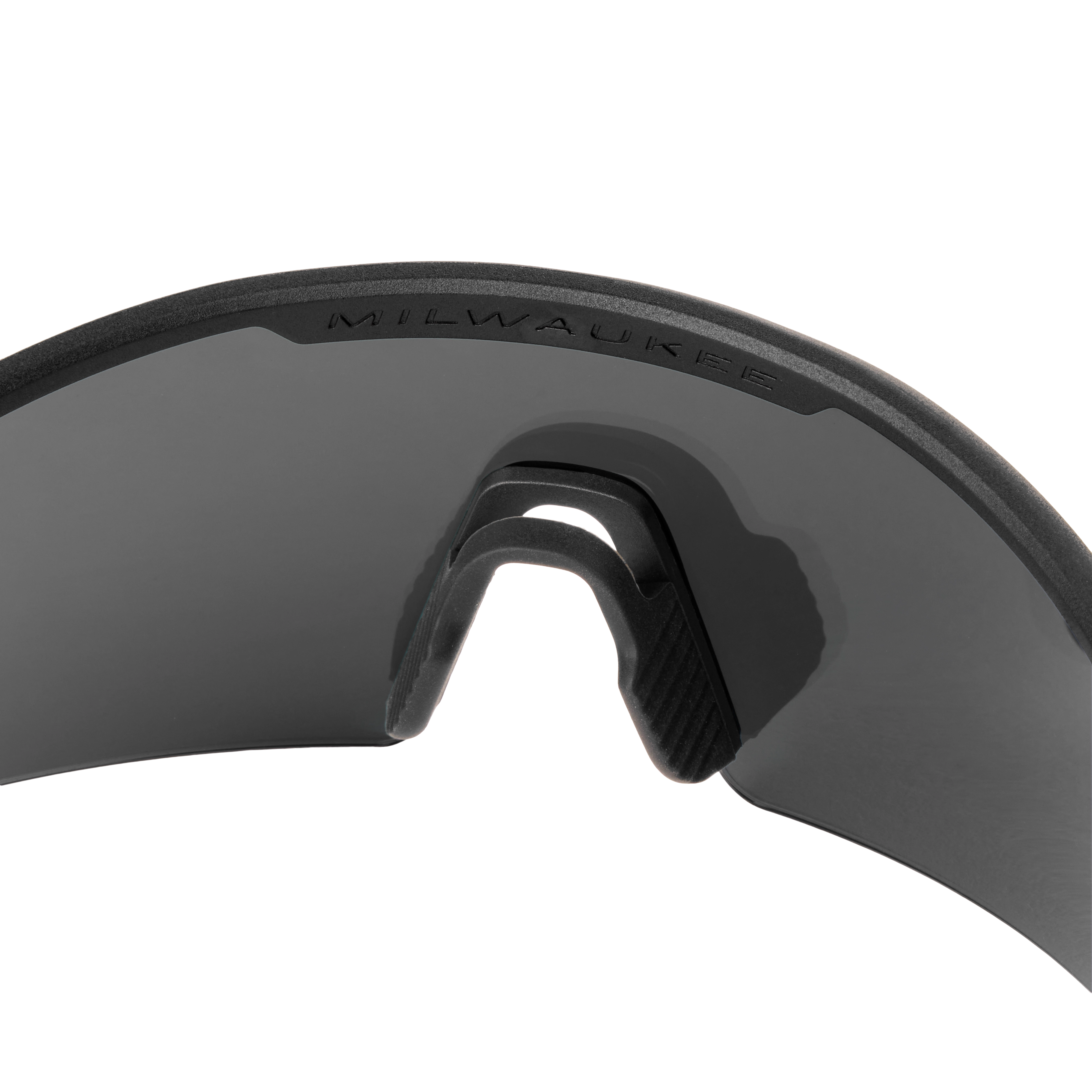 Polarized Wrap Around Safety Glasses feature red mirrored dual coat lenses. The word "Milwaukee" is engraved along the top edge. The glasses have a sleek, curved design with a black nose piece for comfort and stability during wear.