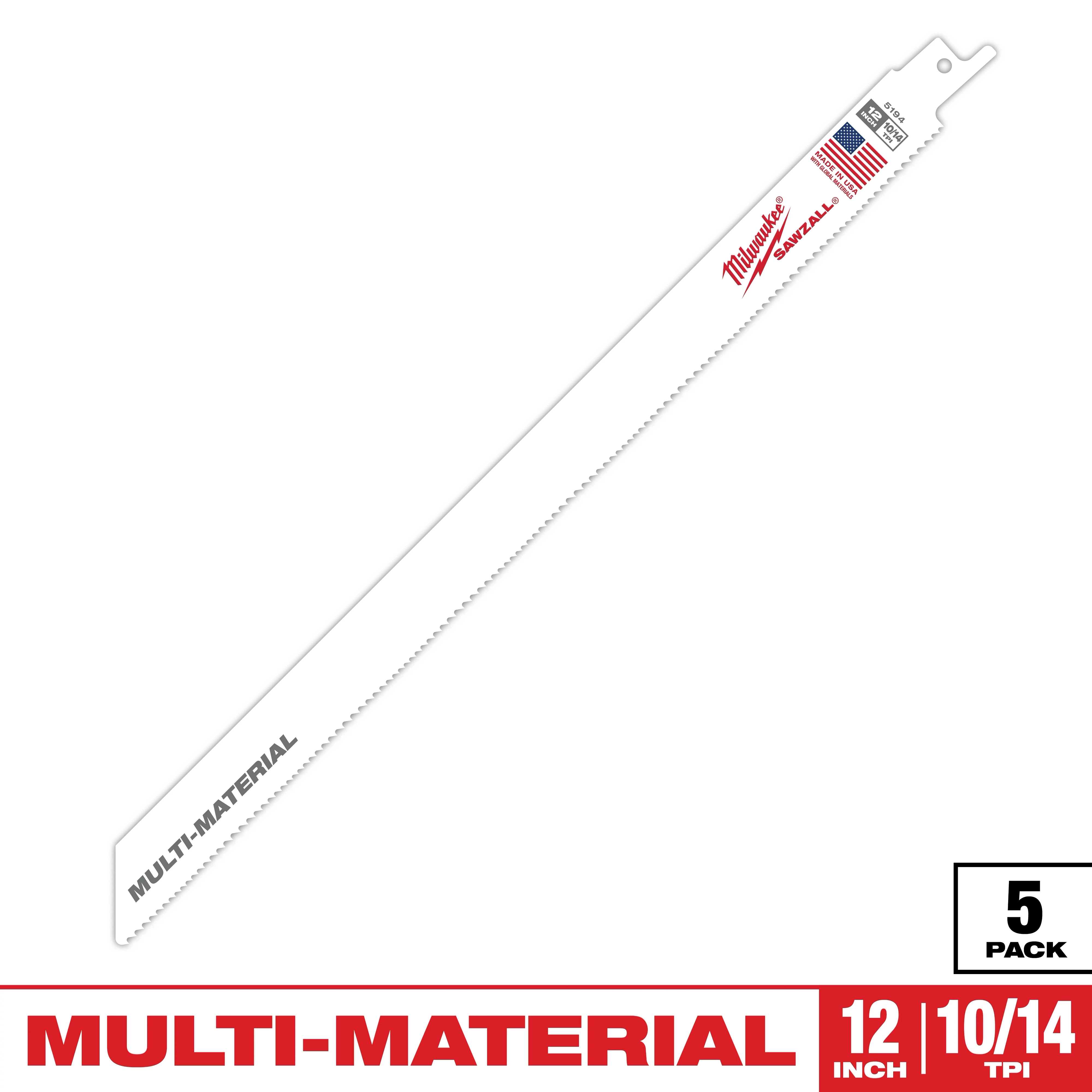 The Milwaukee 12-inch Multi-Material Saw Blade is designed for various cutting applications. It features 10/14 TPI (teeth per inch) for efficient cutting. The blade comes in a 5-pack, offering durability and versatility for different materials. Colorful branding and the American flag appear near the base of the blade.