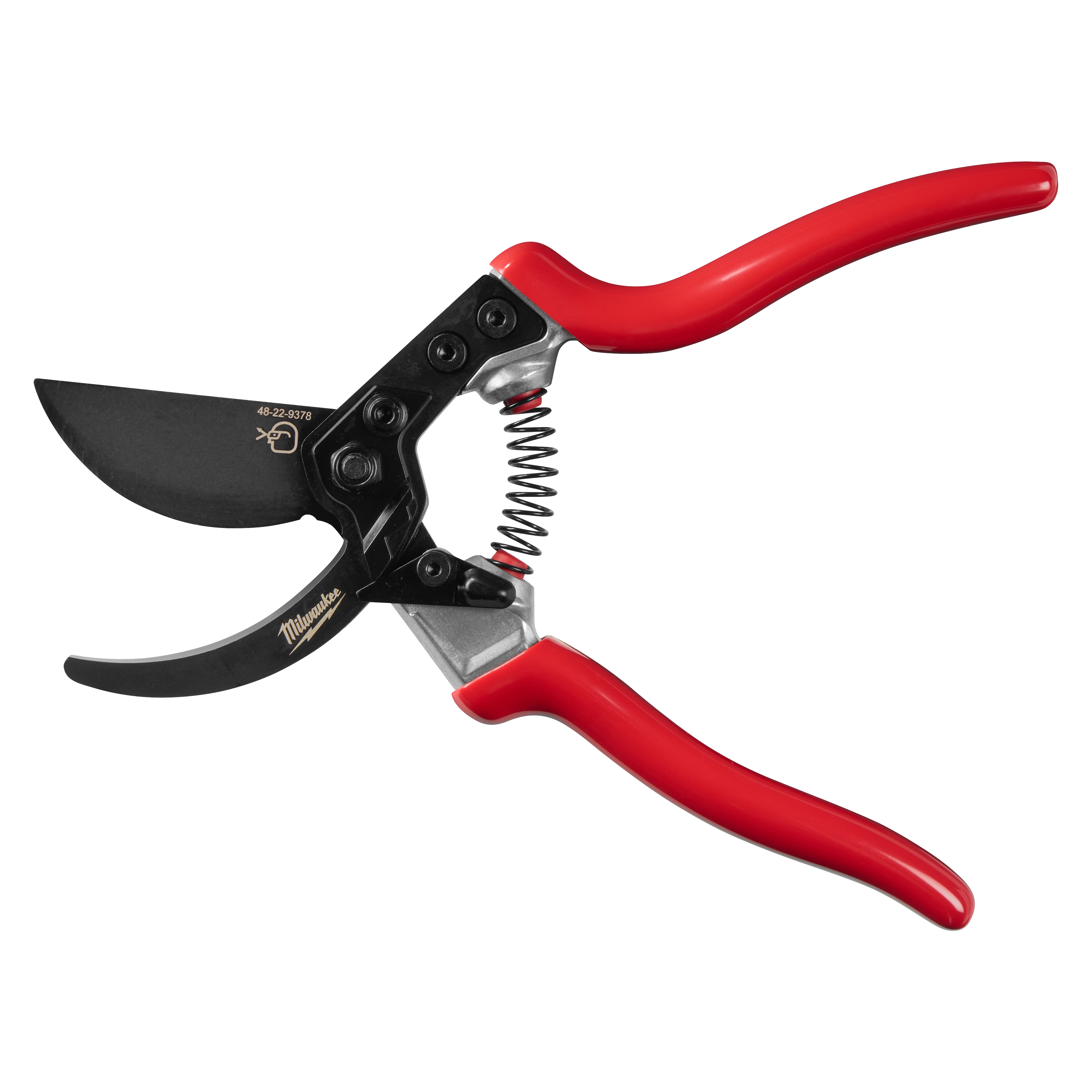 1" Angled Pruner with red ergonomic handles and black blades. Featuring a spring mechanism and durable metal construction.