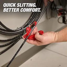 The image shows a person using a Fiber Optic Drop Cable Slitter to slit a fiber optic cable. The red tool is fitted around the cable being worked on. Text on the image reads "Quick Slitting. Better Comfort." Cables and equipment are visible in the background.