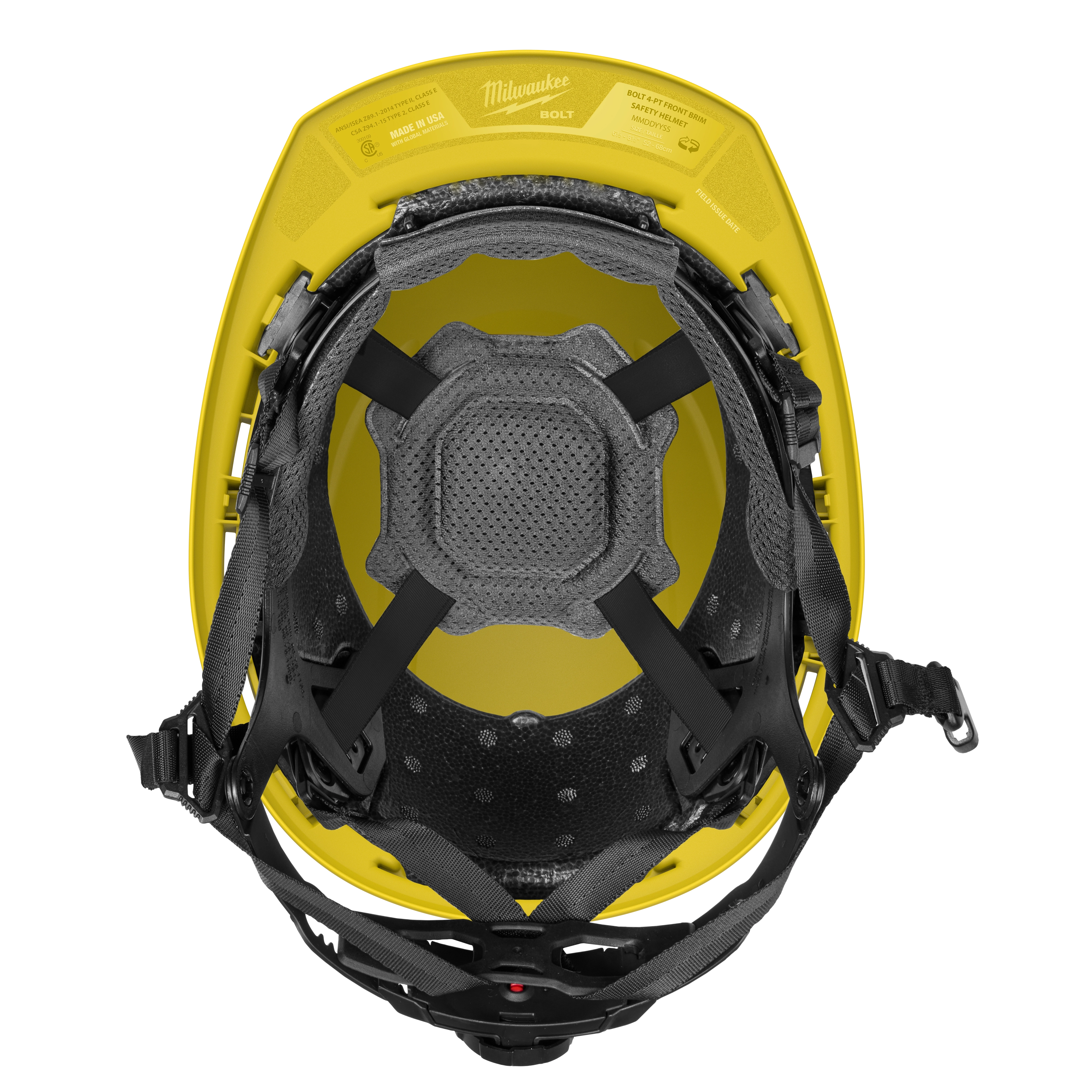 BOLT™ Yellow Front Brim Safety Helmet with 4-point Ratcheting Suspension, Type 2, Class E. Image displays the interior with adjustable fit system and safety padding. The helmet is designed to provide maximum comfort and protection in high-risk work environments.