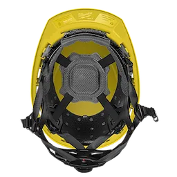 BOLT™ Yellow Front Brim Safety Helmet with 4-point Ratcheting Suspension, Type 2, Class E. Image displays the interior with adjustable fit system and safety padding. The helmet is designed to provide maximum comfort and protection in high-risk work environments.