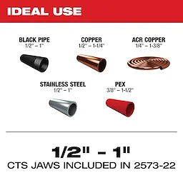 M12 FORCE LOGIC Press Tool Kit w/ ONE-KEY ideal for black pipe, copper, ACR copper, stainless steel, and PEX pipes. Sizes: 1/2" - 1".