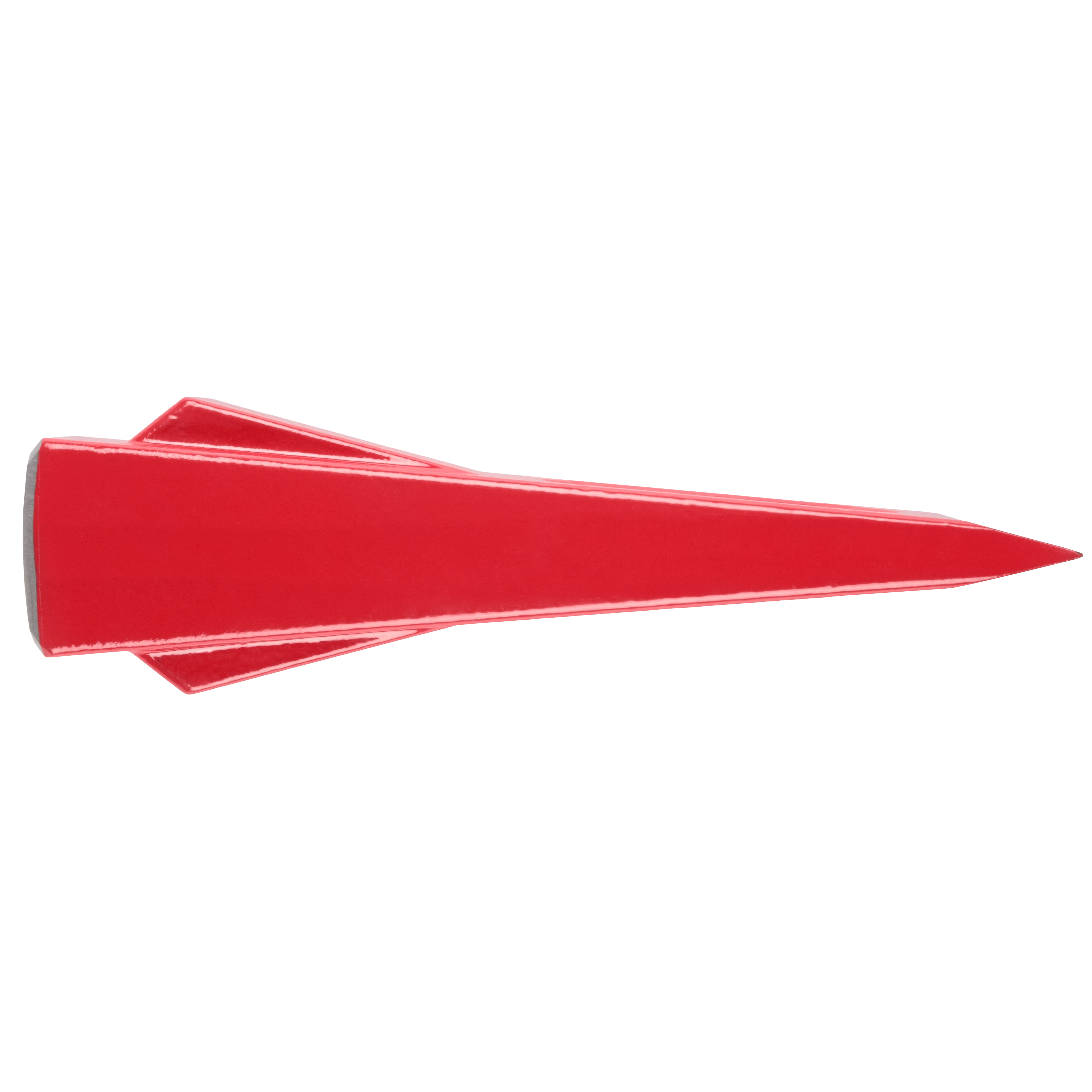 The image shows a red 5lb Splitting Wedge with a wide, flat top and a tapered, pointed bottom designed for splitting wood.