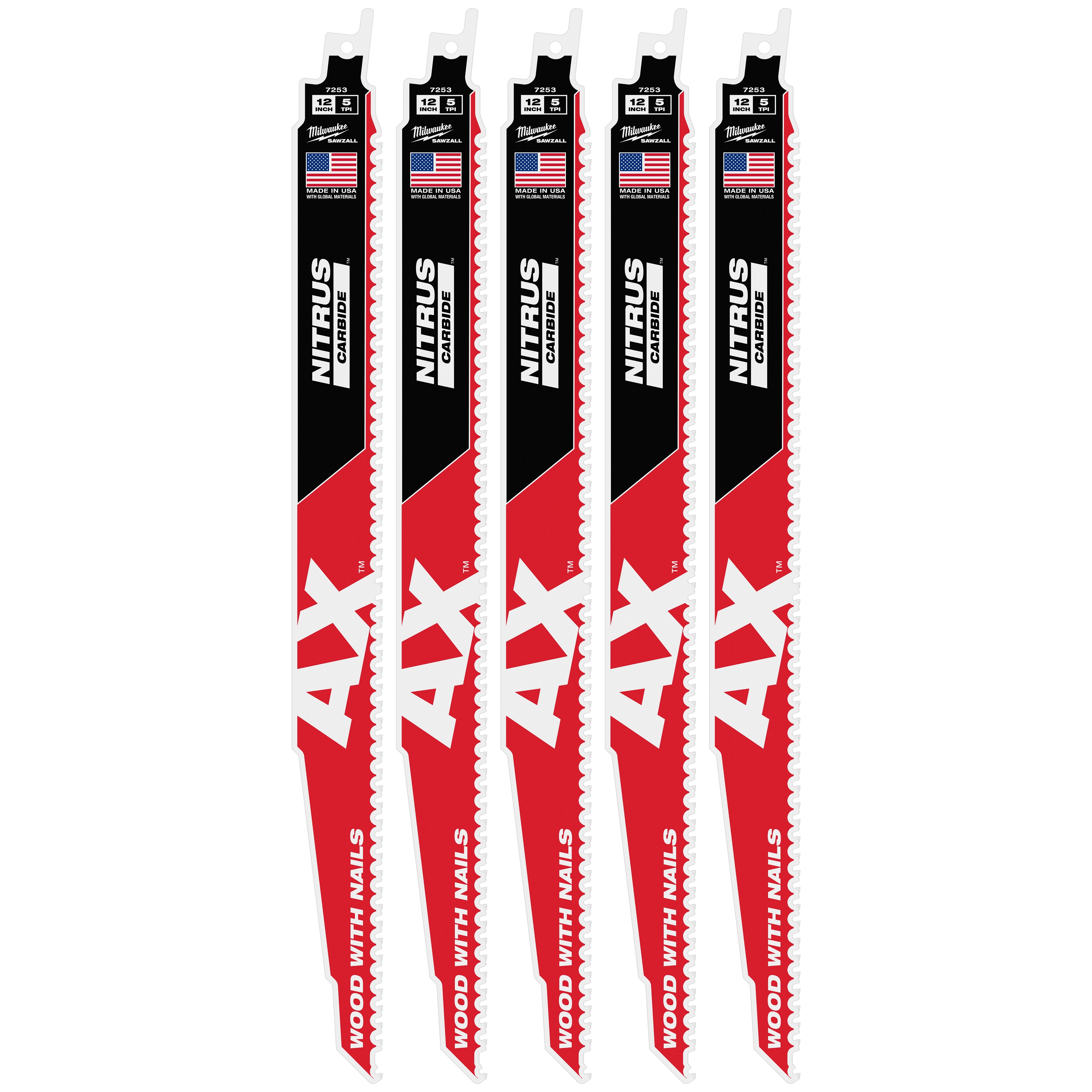 The image displays five 12" 5 TPI AX™ w/NITRUS™ Carbide Teeth SAWZALL® Blades for Wood with Nails. The blades are red, white, and black, prominently featuring the American flag and branding details. These blades are designed to cut wood with embedded nails efficiently.