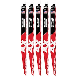 The image displays five 12" 5 TPI AX™ w/NITRUS™ Carbide Teeth SAWZALL® Blades for Wood with Nails. The blades are red, white, and black, prominently featuring the American flag and branding details. These blades are designed to cut wood with embedded nails efficiently.
