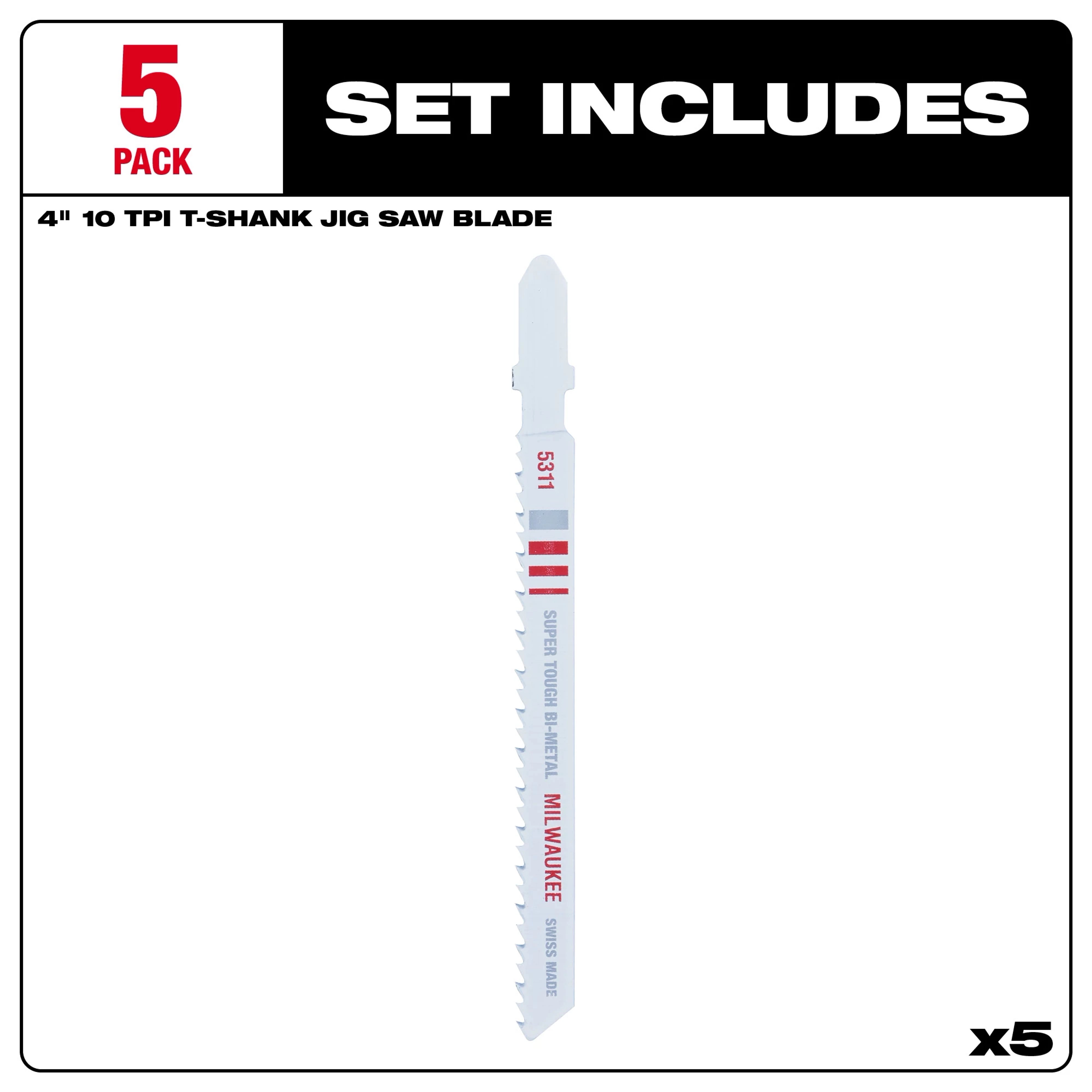 Five-pack of 4-inch, 10 TPI T-Shank Wood Bi-Metal Jig Saw Blades. The set includes five blades for woodworking.