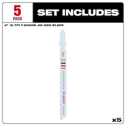Five-pack of 4-inch, 10 TPI T-Shank Wood Bi-Metal Jig Saw Blades. The set includes five blades for woodworking.