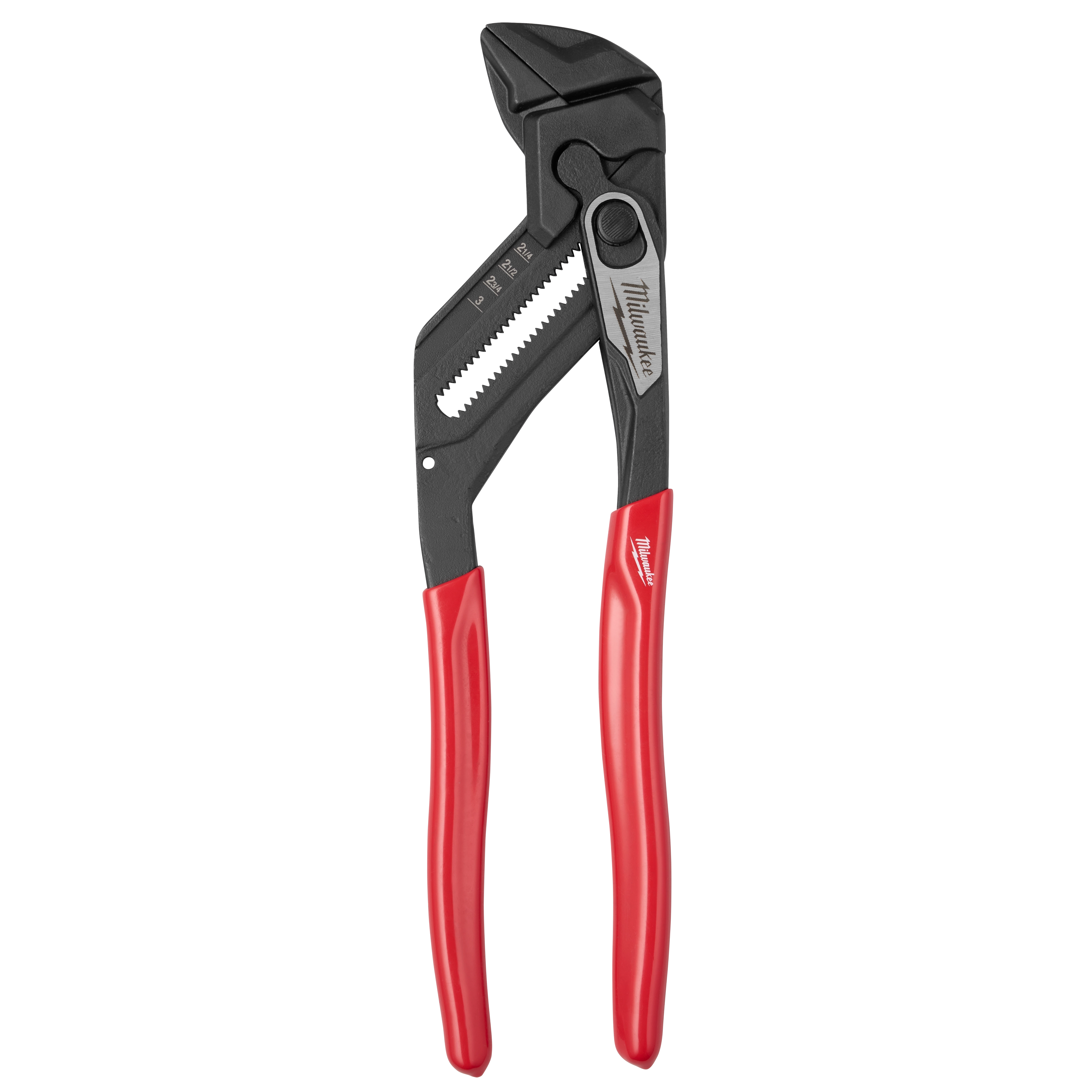The image features a 12" Pliers Wrench with black serrated jaws and red handles. The handle includes the brand name in white lettering. The tool has an adjustable mechanism for gripping various sizes of objects.