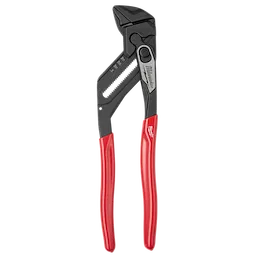 The image features a 12" Pliers Wrench with black serrated jaws and red handles. The handle includes the brand name in white lettering. The tool has an adjustable mechanism for gripping various sizes of objects.