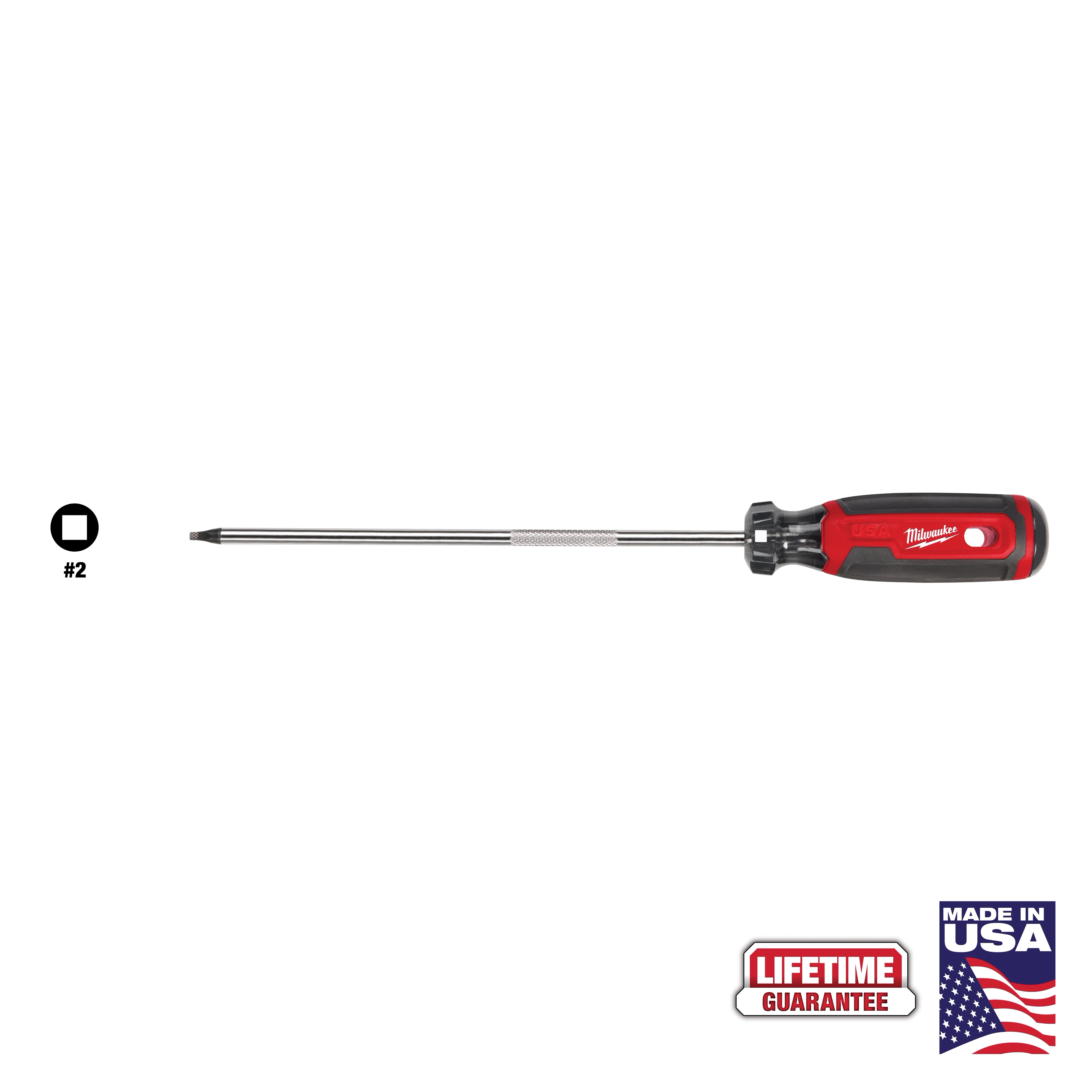 #2 Square 8" Cushion Grip Screwdriver (USA) features a black and red cushioned handle for comfort, an 8-inch shaft, and a #2 square tip. Made in the USA, it comes with a lifetime guarantee.