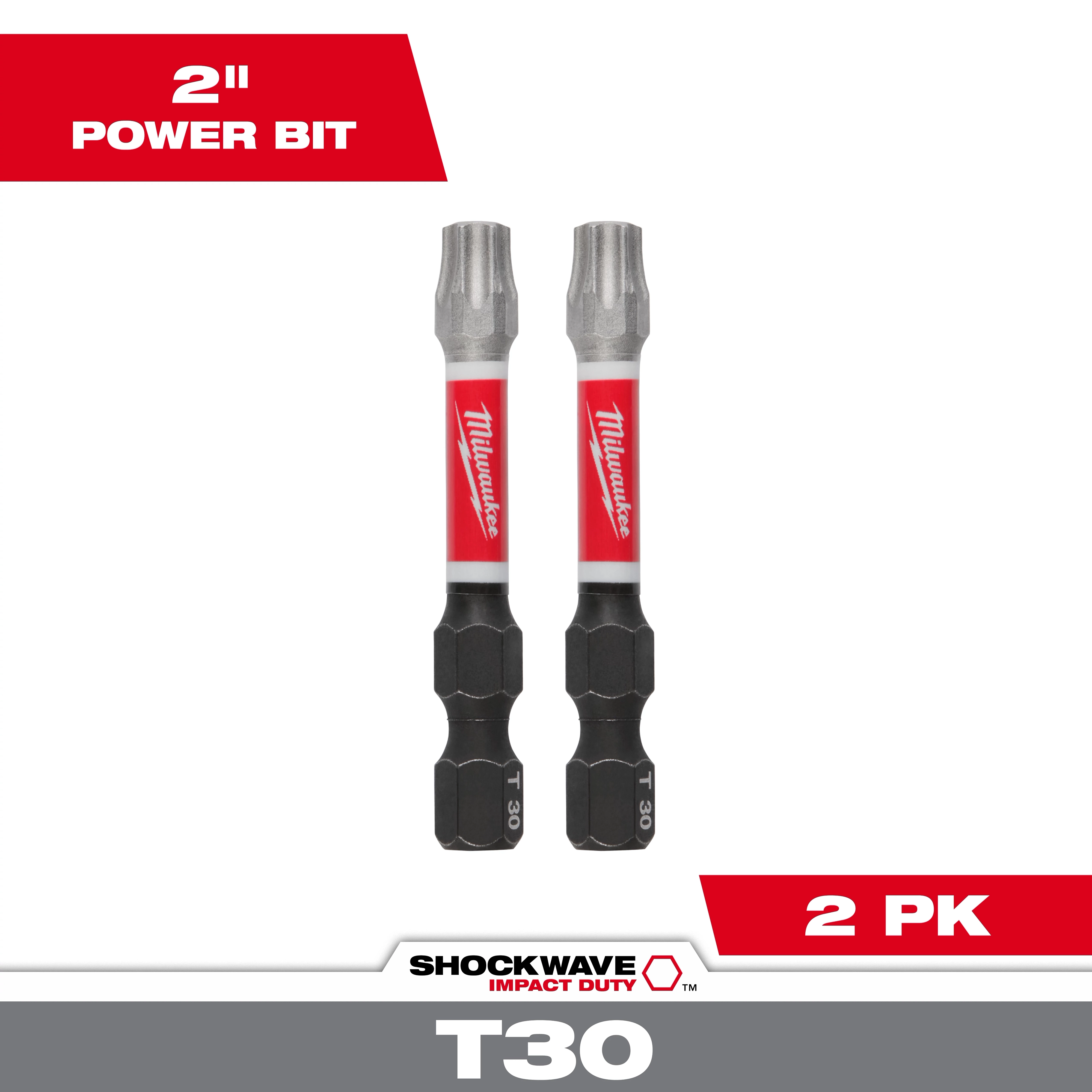 The image shows two SHOCKWAVE™ 2" Impact Duty TORX® T30 Power Bits (2 PK) with red and black Milwaukee branding. The power bits are designed for high-impact applications and are shown vertically side by side. Above and below the bits, "2" Power Bit" and "2 PK" are prominently displayed.