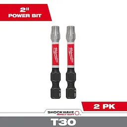 The image shows two SHOCKWAVE™ 2" Impact Duty TORX® T30 Power Bits (2 PK) with red and black Milwaukee branding. The power bits are designed for high-impact applications and are shown vertically side by side. Above and below the bits, "2" Power Bit" and "2 PK" are prominently displayed.