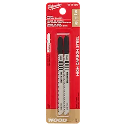 Milwaukee 4" 10TPI T-Shank Wood High Carbon Steel Jig Saw Blades 5PK in red and tan packaging with product details.