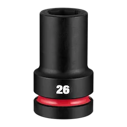 SHOCKWAVE Impact Duty 1" Drive 26mm Deep 6 Point Socket standing upright with 26 marking and a red ring near the base.