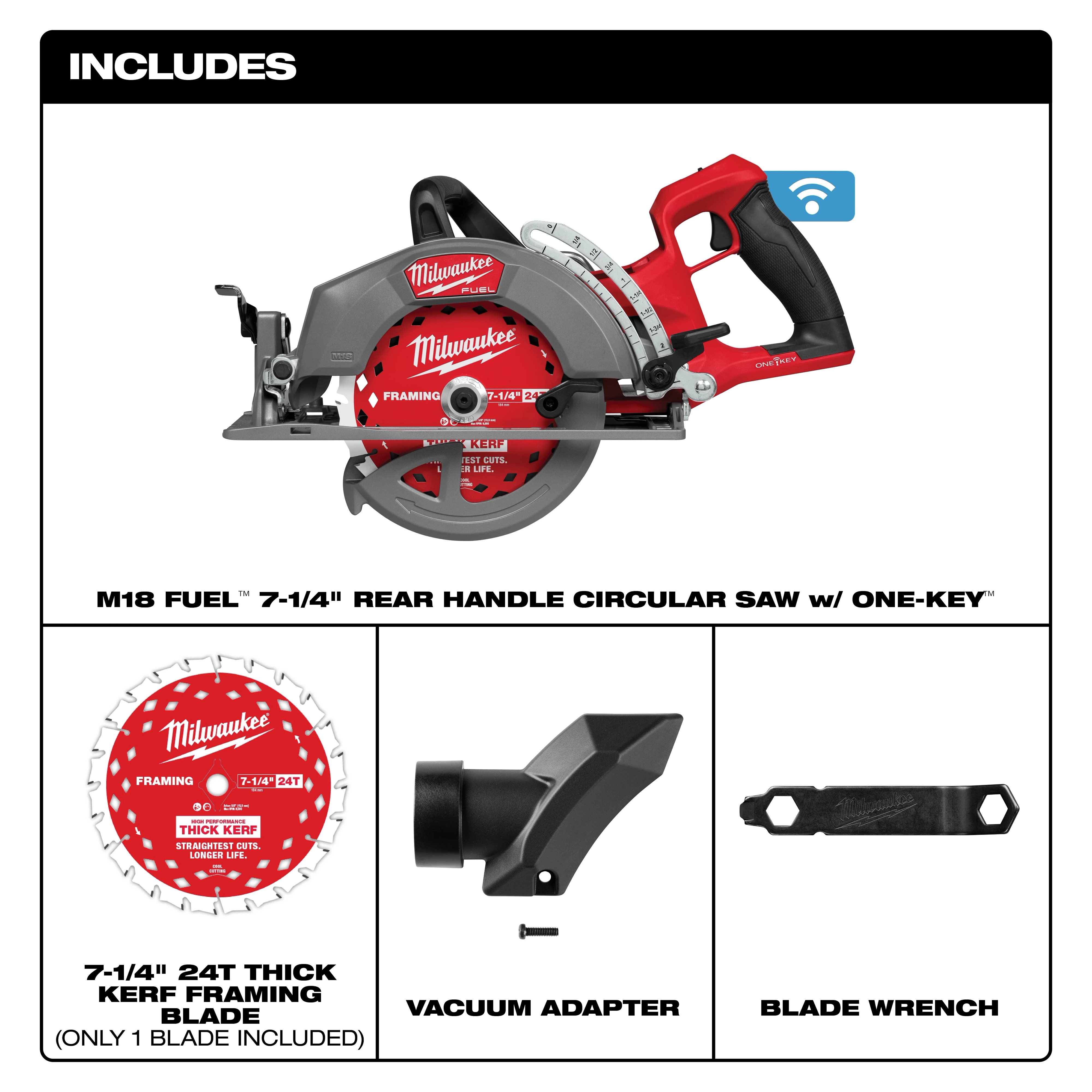M18 FUEL 7-1/4" Rear Handle Circular Saw w/ ONE-KEY, includes 24T framing blade, vacuum adapter, and blade wrench.