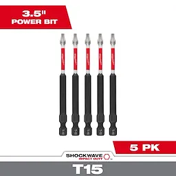 Five SHOCKWAVE™ 3-1/2" Impact TORX® T15 Power Bits are shown in a package labeled "5 PK". The bits have black and silver ends with red sections in the middle displaying the SHOCKWAVE™ logo. The background includes text "3.5" Power Bit" and "T15".