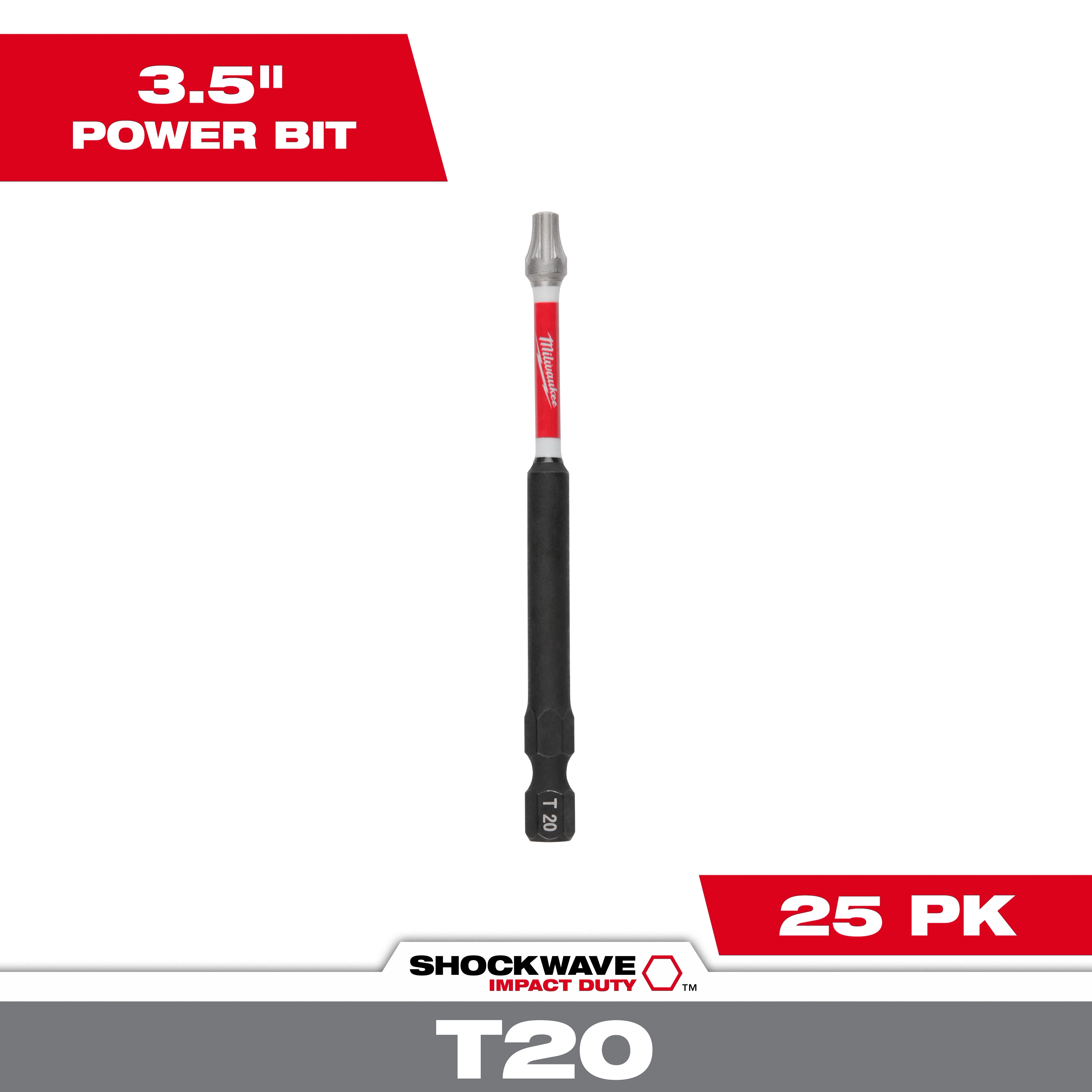 The image shows a SHOCKWAVE™ 3-1/2" Impact Duty TORX® T20 Power Bit (25 PK). The bit is black with a red and silver detail and has "T-20" marked on it. The packaging indicates the product is meant for impact duty with 25 pieces per pack.