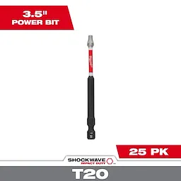 The image shows a SHOCKWAVE™ 3-1/2" Impact Duty TORX® T20 Power Bit (25 PK). The bit is black with a red and silver detail and has "T-20" marked on it. The packaging indicates the product is meant for impact duty with 25 pieces per pack.