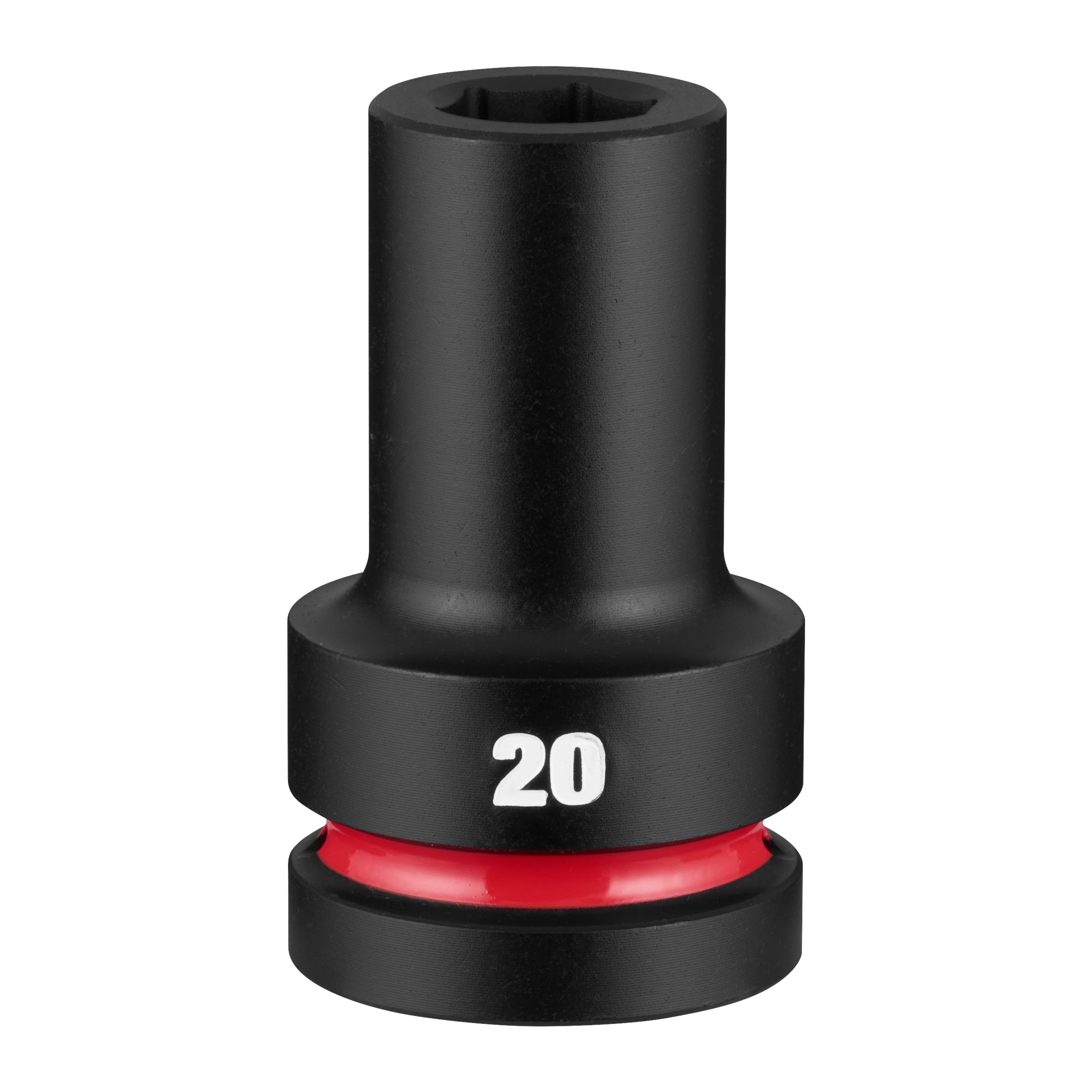 SHOCKWAVE Impact Duty 1" Drive 20mm Deep 6 Point Socket standing upright with a red ring near the base.