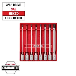 8pc 3/8” Drive Long Hex Bit Socket Set - SAE includes eight long-reach hex bit sockets in a red plastic storage case with labeling.