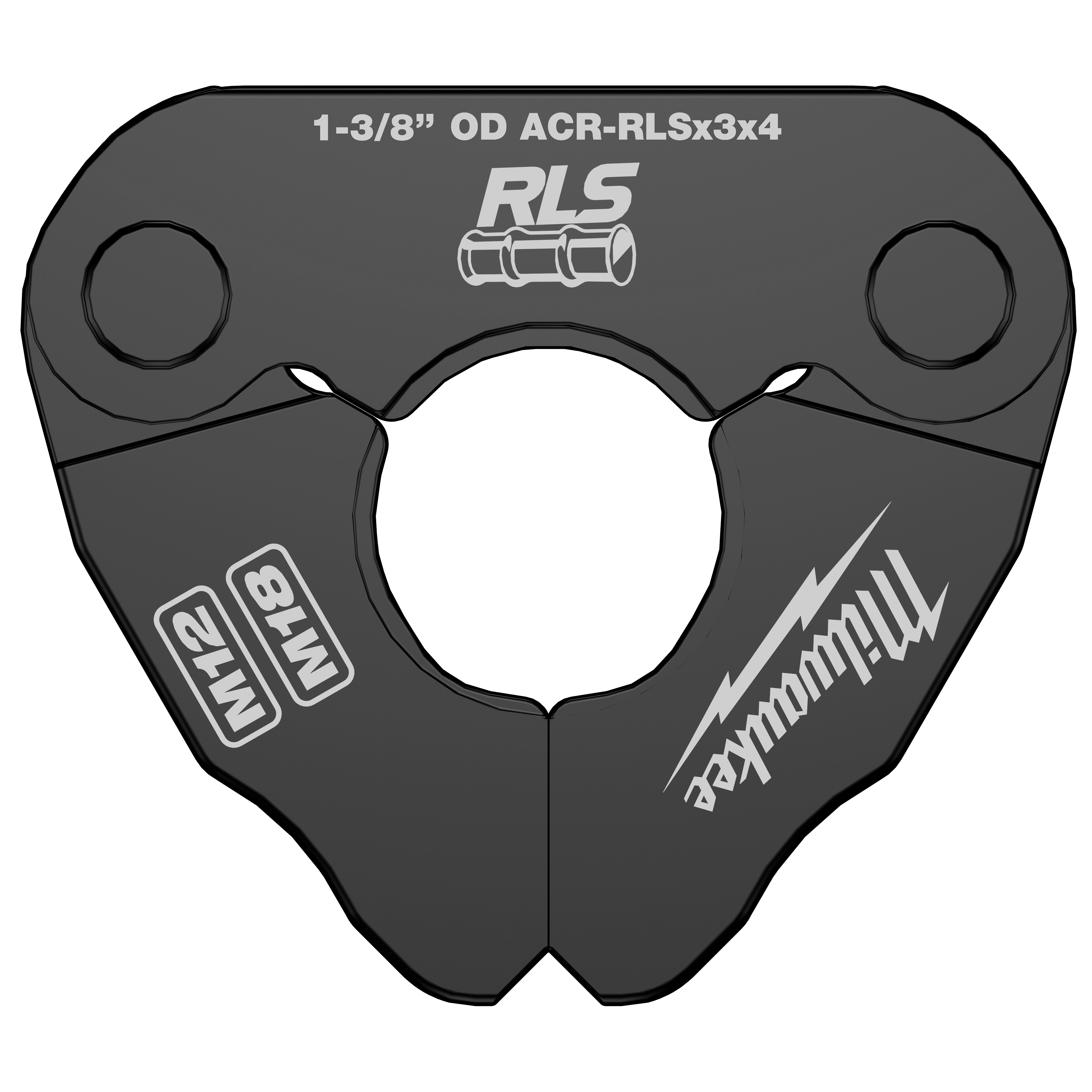 1-3/8" RLS® Pivoting Press Ring by Milwaukee, designed for press-fitting pipe systems. The black ring has a central hole, Milwaukee logo, and RLS branding with technical specifications marked.