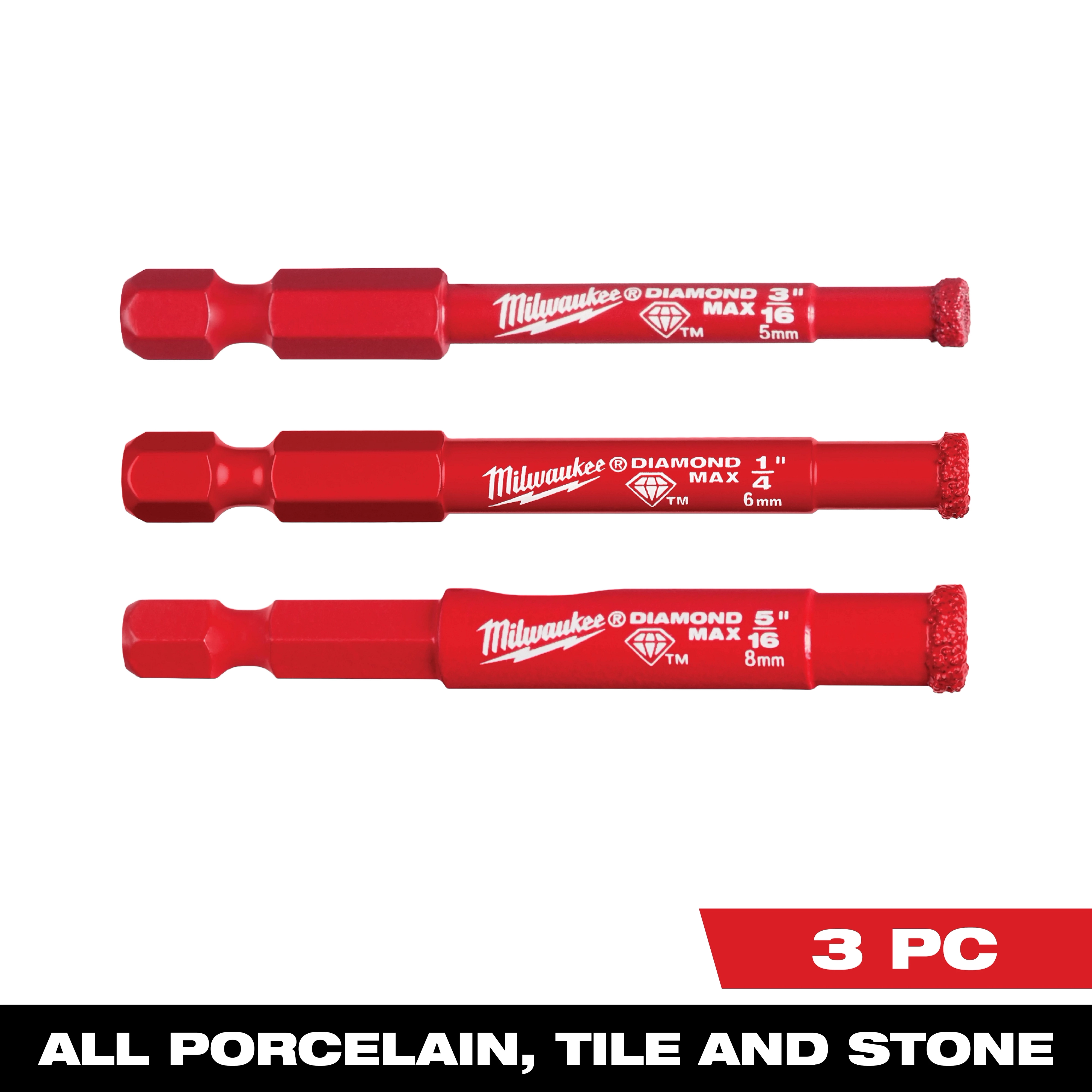Three red drill bits from the DIAMOND MAX Diamond Grit Hole Saw 3 PC Set, labeled for use with porcelain, tile, and stone.