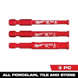 Three red drill bits from the DIAMOND MAX Diamond Grit Hole Saw 3 PC Set, labeled for use with porcelain, tile, and stone.