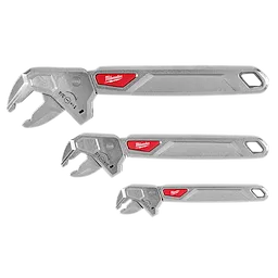 Three metal wrenches labeled 6" Ratcheting Adjustable Wrench, 8" Ratcheting Adjustable Wrench, 10" Ratcheting Adjustable Wrench, 3PC Ratcheting Adjustable Wrench Set.
