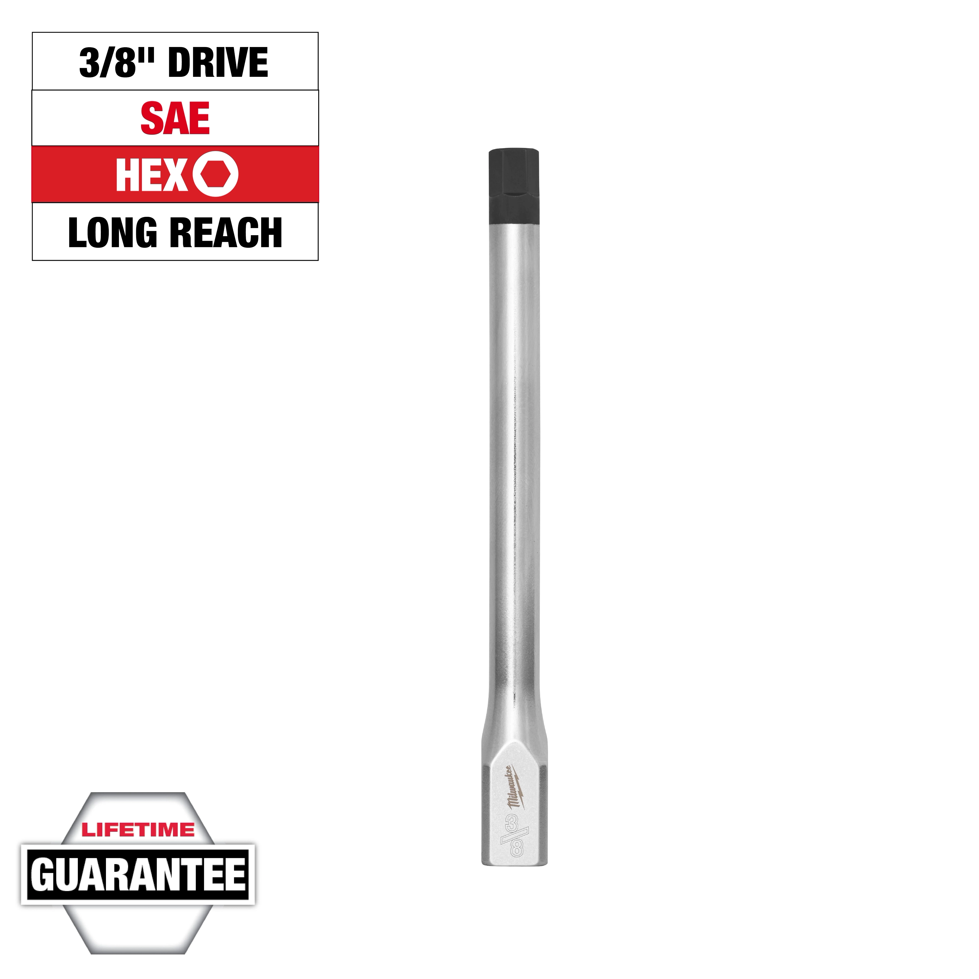 3/8" Drive, 3/8" Long Hex Bit Socket with a silver finish is shown. Text highlights its features: SAE, HEX, Long Reach, Lifetime Guarantee.