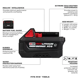 M18 REDLITHIUM HIGH OUTPUT XC5 Resistant Battery Pack shown with labeled features and specifications around it.