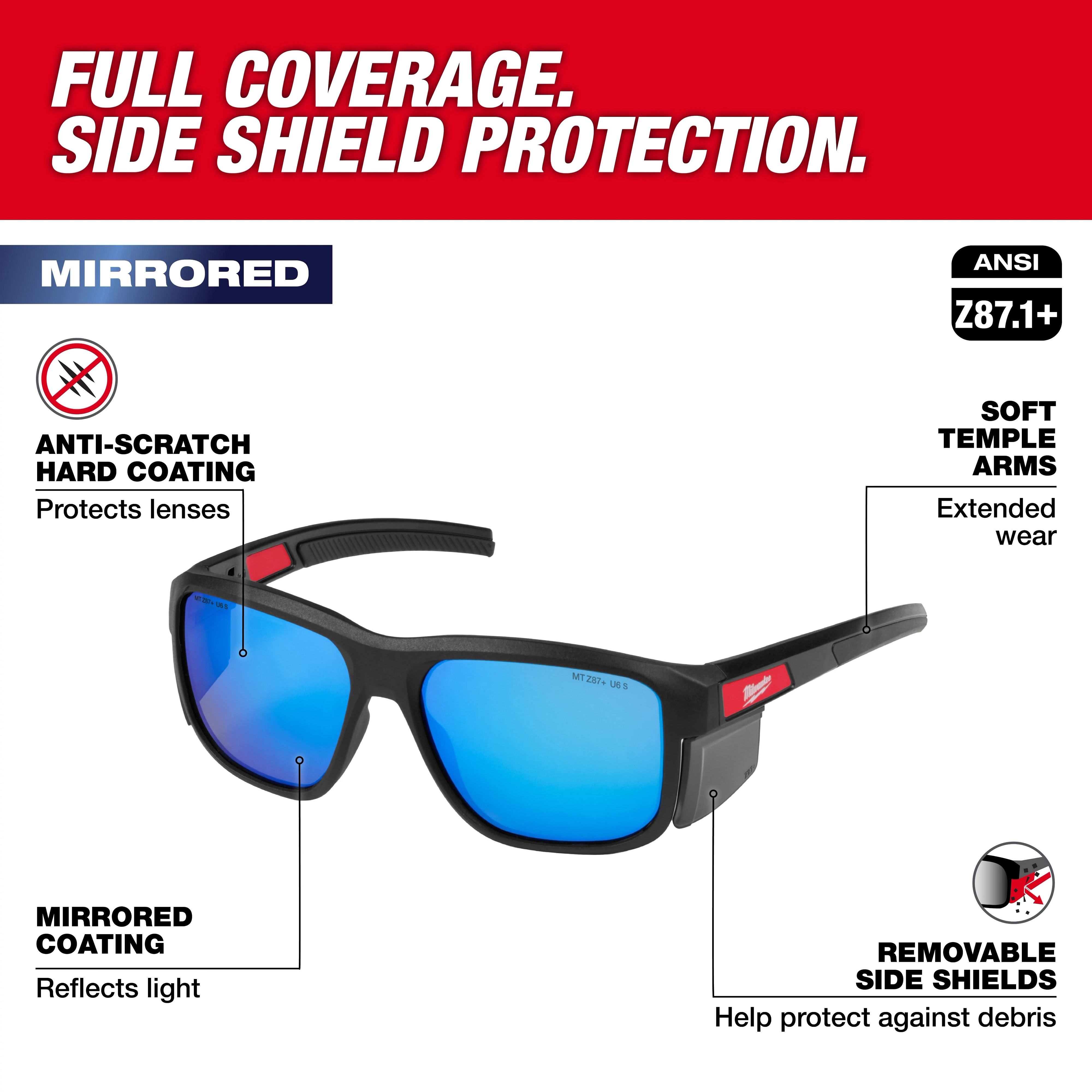 Full Frame Safety Glasses with Removable Side Shields – Blue Mirrored Anti-Scratch Lenses, offering full coverage and ANSI Z87.1+ compliance.