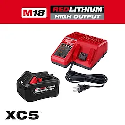 M18 REDLITHIUM HIGH OUTPUT XC5 Starter Kit with battery pack, charger, and power cord on a plain background.