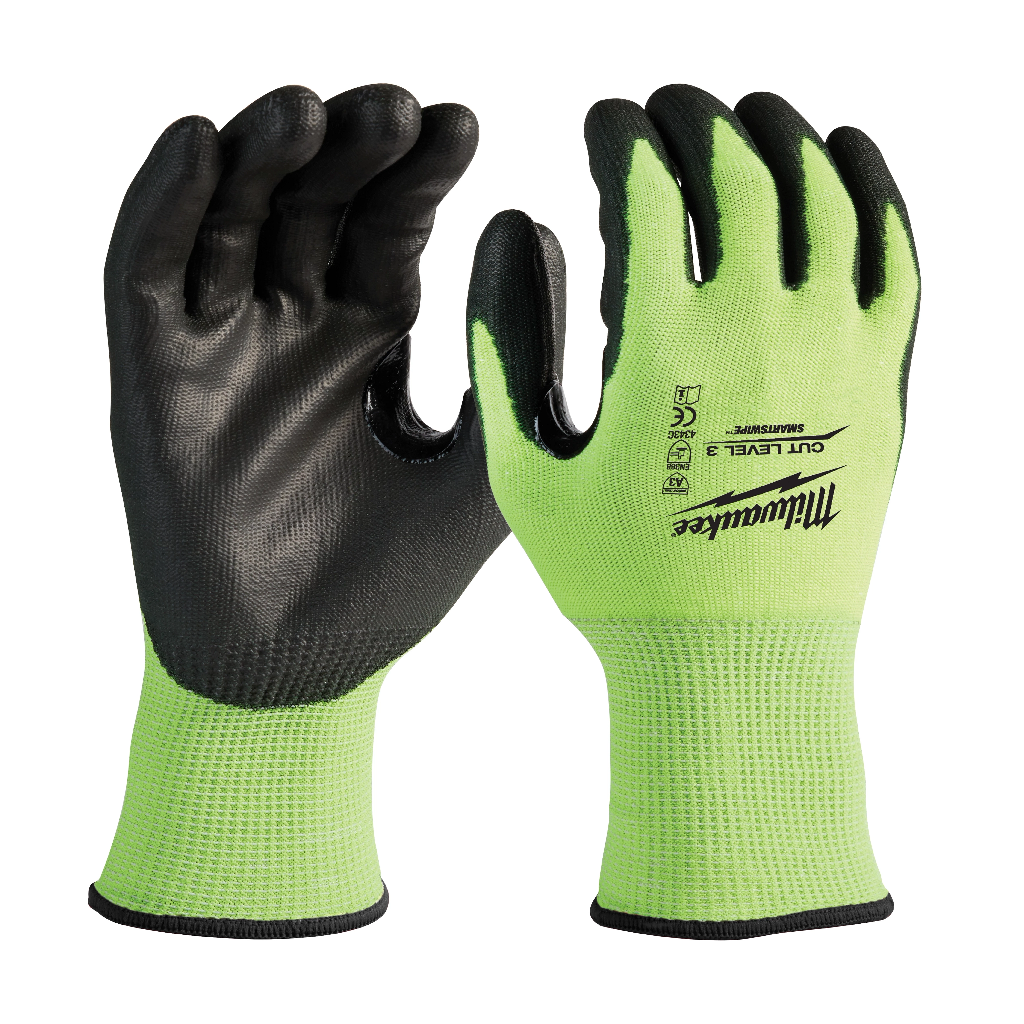 High Visibility Level 3 Cut Resistant Polyurethane Dipped Work Gloves in lime green with black palms and fingers for enhanced grip.