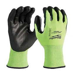 High Visibility Level 3 Cut Resistant Polyurethane Dipped Work Gloves in lime green with black palms and fingers for enhanced grip.