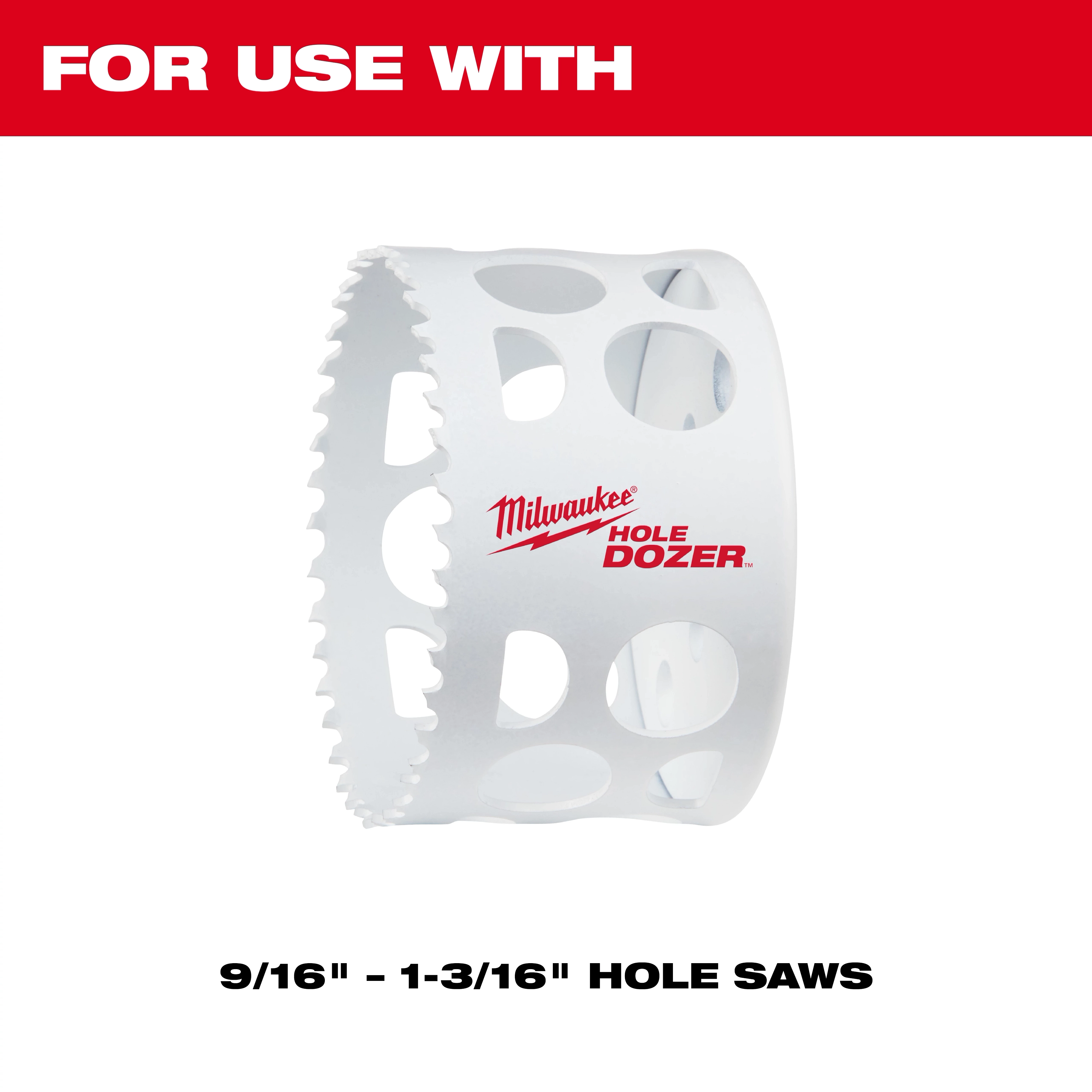 The image features a white Milwaukee Hole Dozer hole saw with various-sized circular cutouts and sharp teeth, designed for use with 9/16" to 1-3/16" hole saws. The product is compatible with the 5PK Small Adapters for QUIK-LOK™ Arbors.