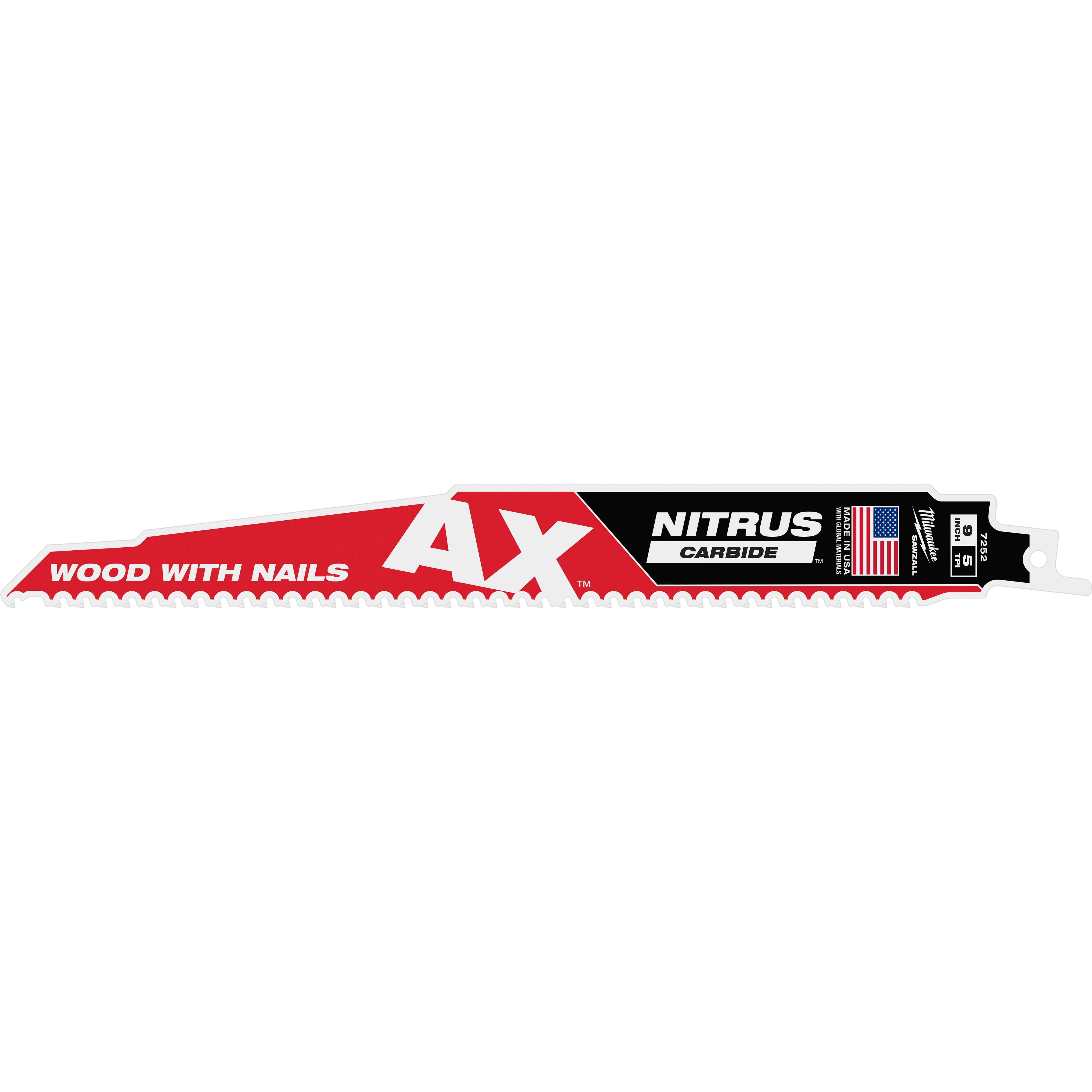 The image features the 9" 5 TPI AX™ w/ NITRUS™ Carbide Teeth SAWZALL® Blade for Wood with Nails. The blade is red and black, labeled with "AX," "NITRUS CARBIDE," and "WOOD WITH NAILS." An American flag sticker is also visible.