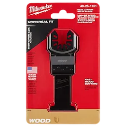 MILWAUKEE OPEN-LOK 1-3/8" HCS Wood Multi-Tool Blade in packaging with red background, suitable for fast wood cutting, universal fit.