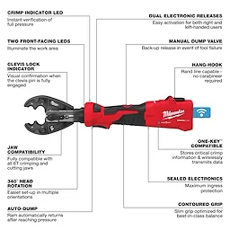 M18™ FORCE LOGIC™ 6T Linear Utility Crimper is a red, handheld crimping tool with various features such as LED lights, dual electronic releases, and a manual dump valve. It supports 6T crimping jaws, has a 340° rotating head, and is equipped with ONE-KEY™ compatibility for data transmission.