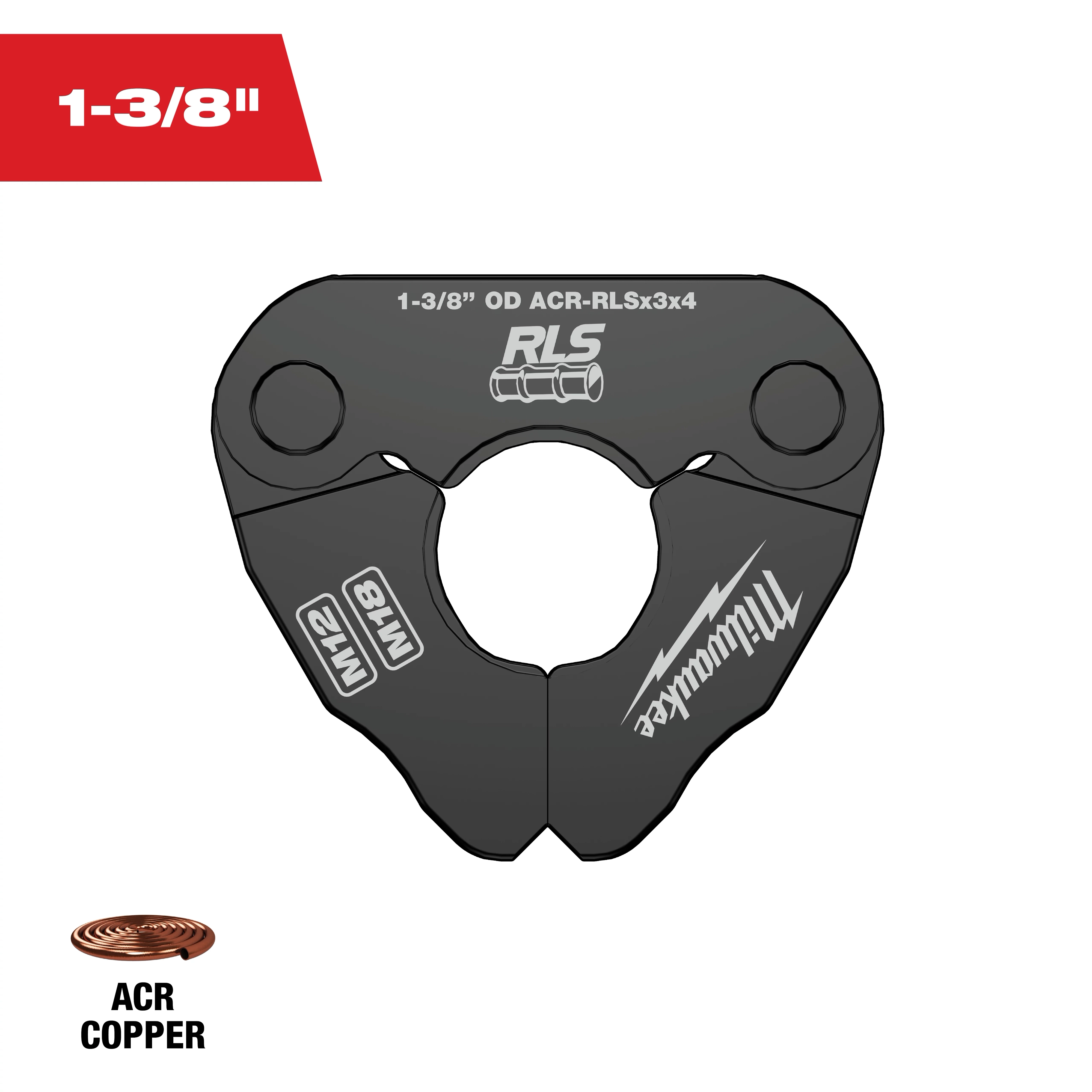 The image shows a black 1-3/8" RLS® Pivoting Press Ring. It has the branding with the model number M12 and M18 and features text that says "OD ACR-RLSx3x4" along with copper wiring illustrations and the RLS logo. Suitable for ACR copper piping.