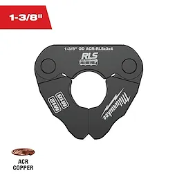 The image shows a black 1-3/8" RLS® Pivoting Press Ring. It has the branding with the model number M12 and M18 and features text that says "OD ACR-RLSx3x4" along with copper wiring illustrations and the RLS logo. Suitable for ACR copper piping.
