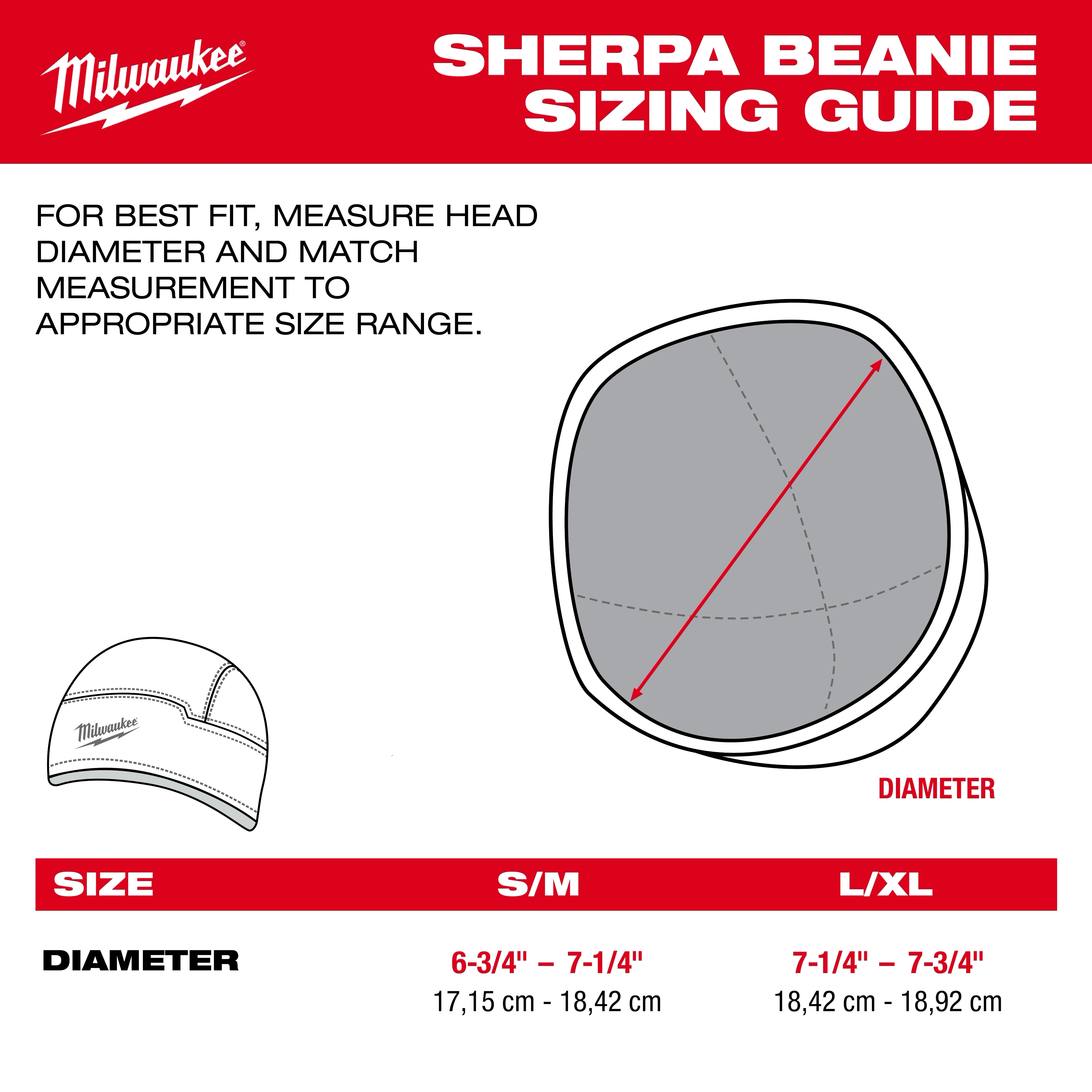 Milwaukee Sherpa-Lined Beanie sizing guide with head diameter diagram and size chart for S/M and L/XL.