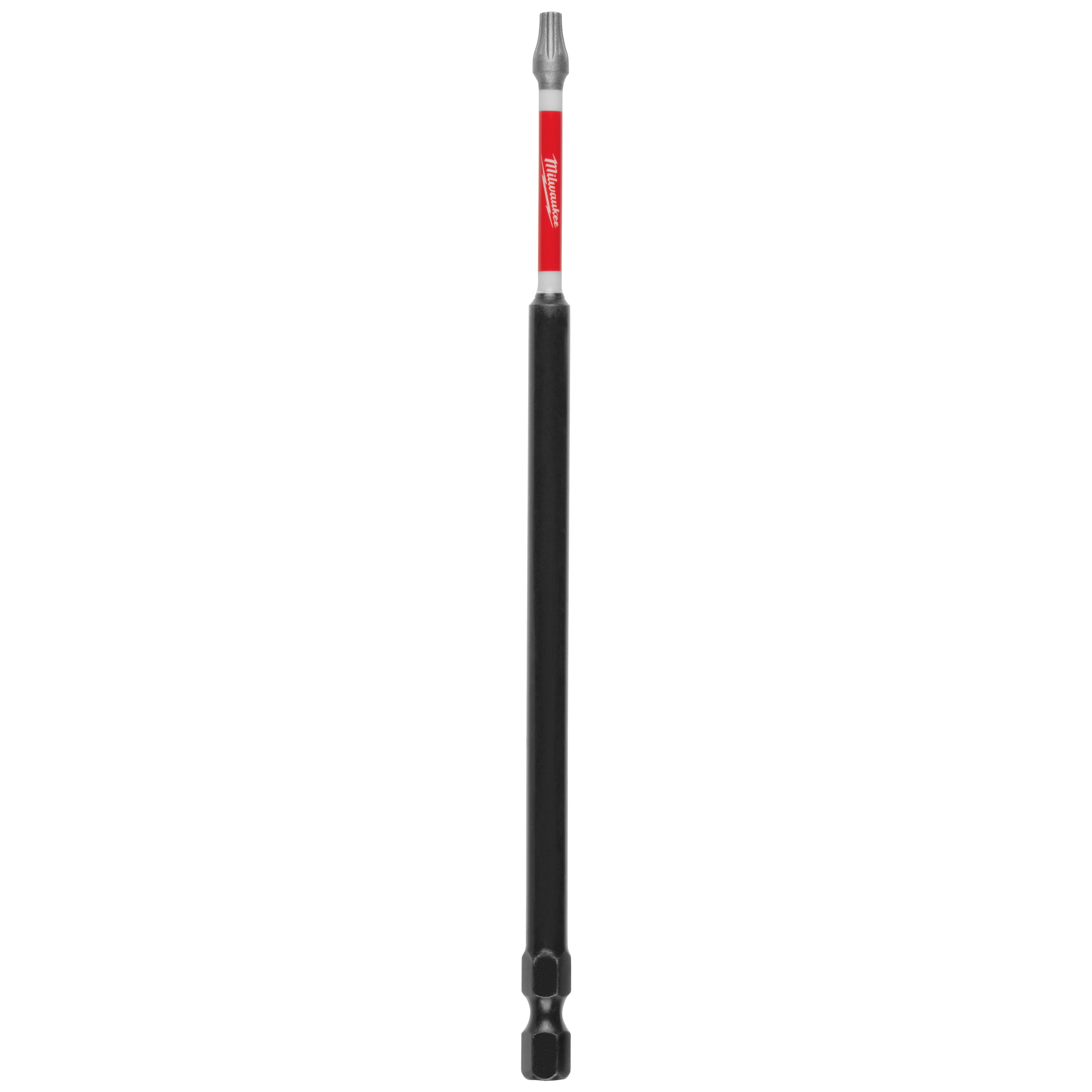 The image shows a SHOCKWAVE™ 6" Impact TORX® T15 Power Bit. It has a long black shaft with a red section near the top that features the Milwaukee logo and part of the bit’s compatibility details. This product is sold in a 10-pack.