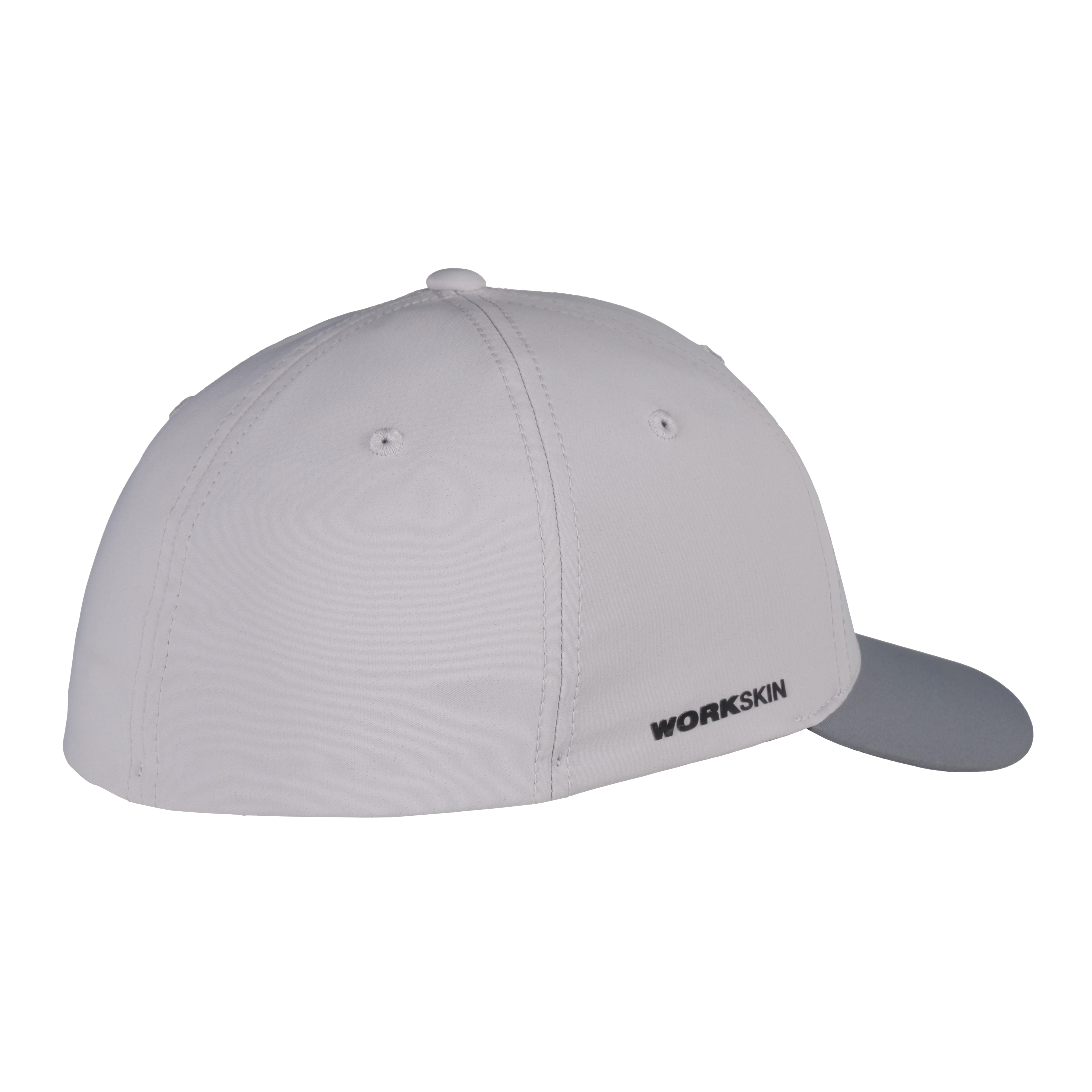 Grey WORKSKIN Performance Fitted Hat, side view, featuring ventilation eyelets and a curved bill. Brand logo is printed on the side.