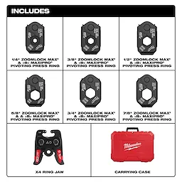 Milwaukee ZoomLock MAX kit includes pivoting press rings (1/4" to 7/8"), one X4 ring jaw, and a red carrying case with a handle.