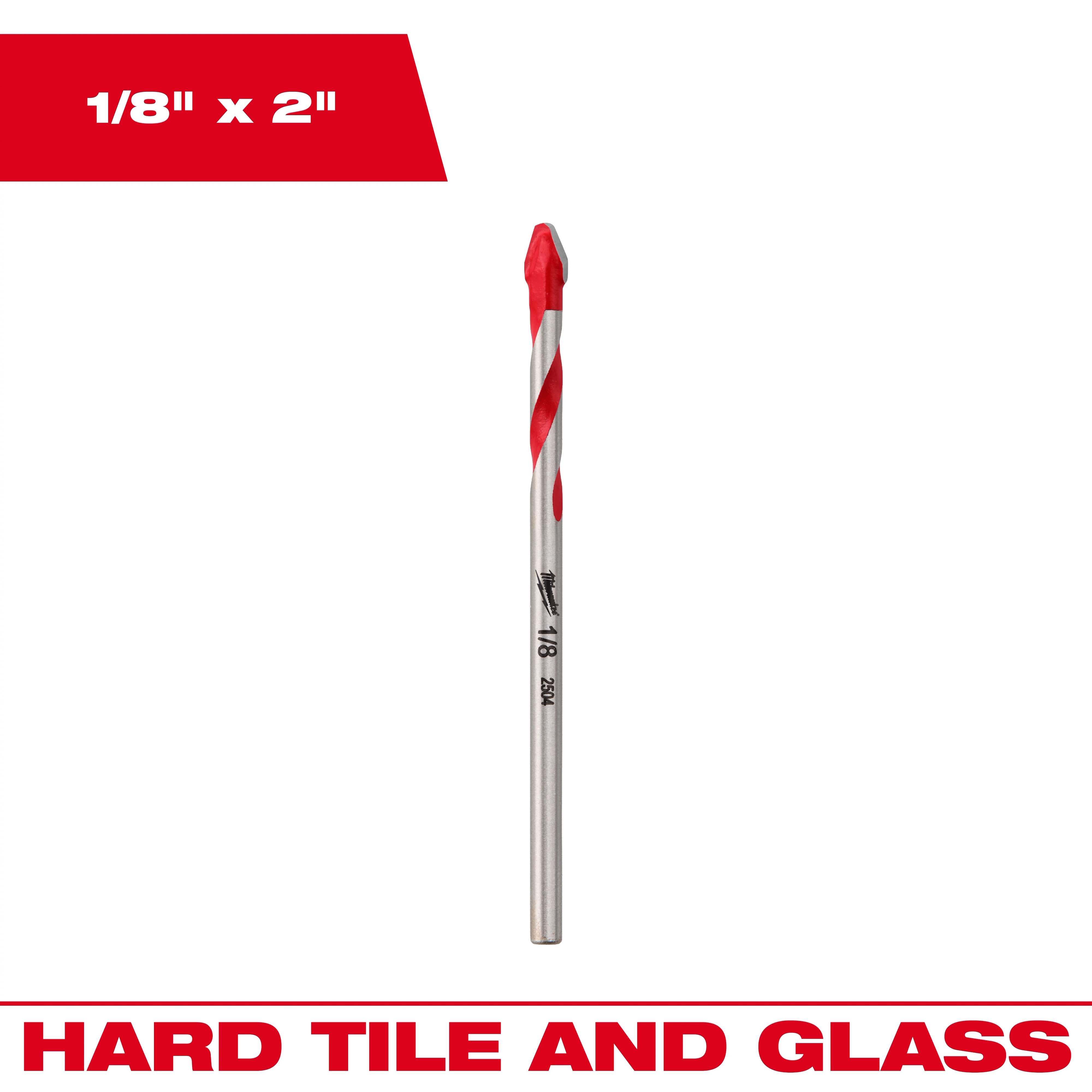1/8" Hard Tile and Glass Bit with red-tipped, spiral design centered on a white background.