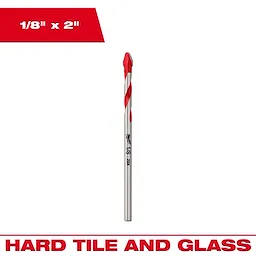 1/8" Hard Tile and Glass Bit with red-tipped, spiral design centered on a white background.
